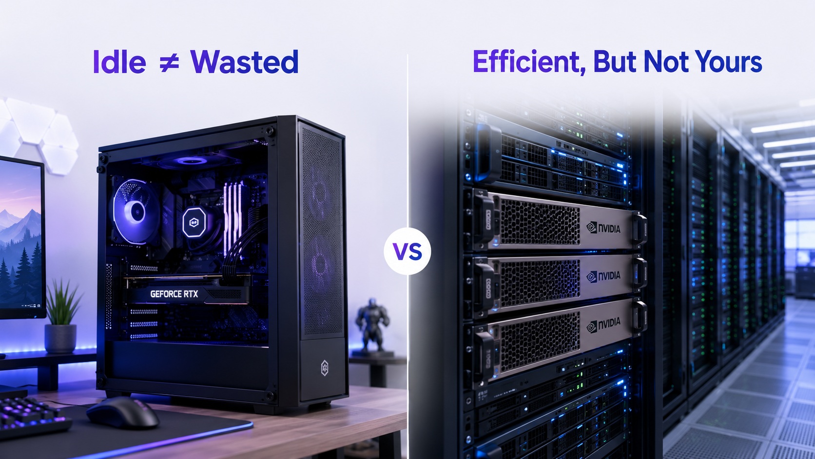 Un PC de bureau avec une carte 'GeForce RTX' visible et le texte 'Idle ≠ Wasted' contrasté avec des baies de serveurs NVIDIA sous le texte 'Efficient, But Not Yours', séparés par un symbole 'VS'.