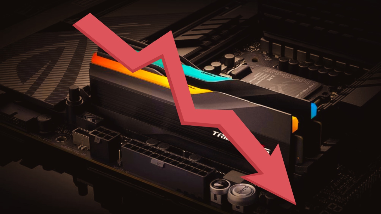 Un module de RAM G.Skill TridentZ RGB sur une carte mère avec une flèche rouge pointant vers le bas.