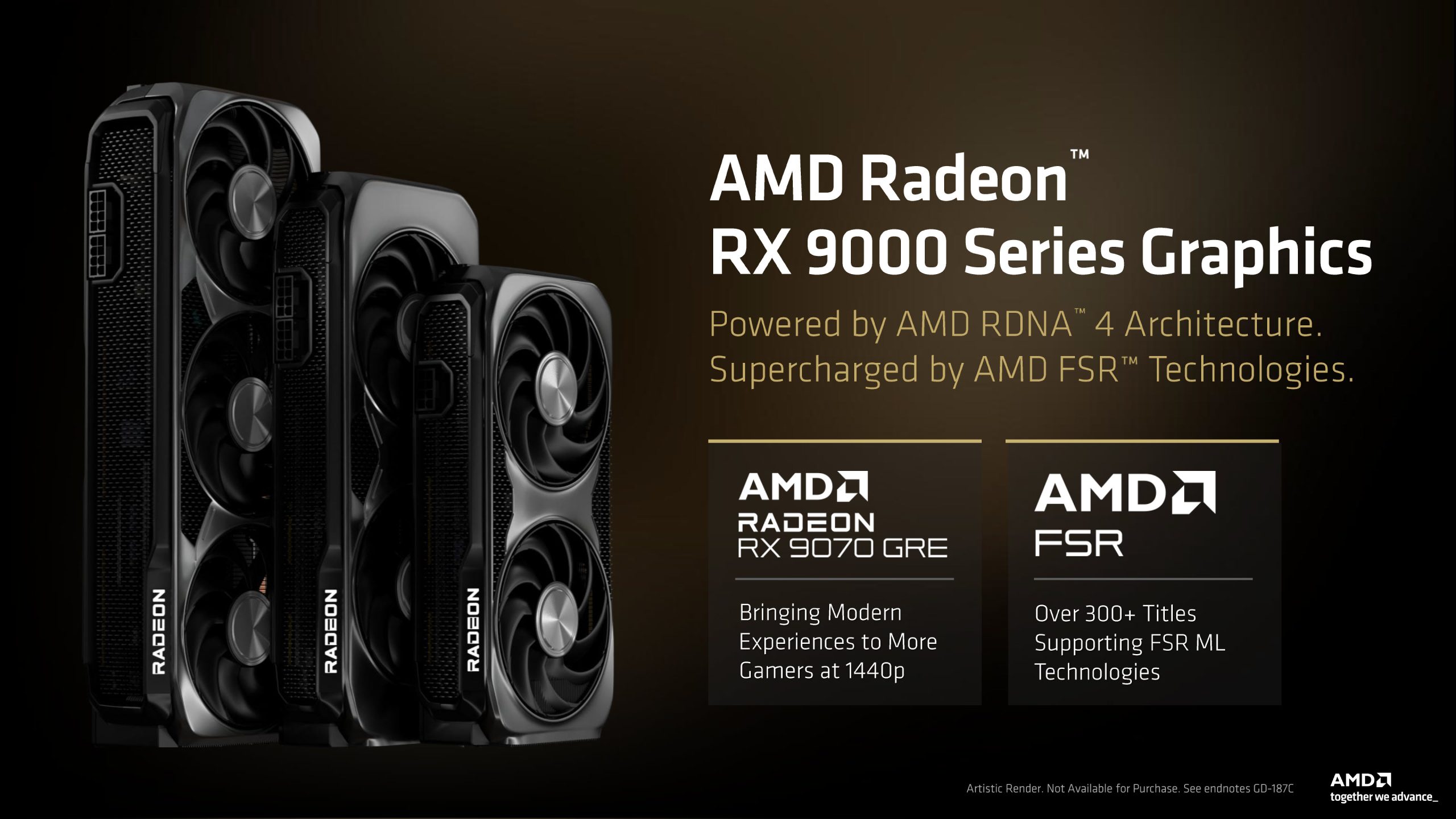 Plusieurs cartes graphiques AMD Radeon RX 9000 Series sont présentées avec des mentions 'AMD RDNA 4 Architecture' et 'AMD FSR Technologies', mettant en avant le modèle 'AMD Radeon RX 9070 GRE'.