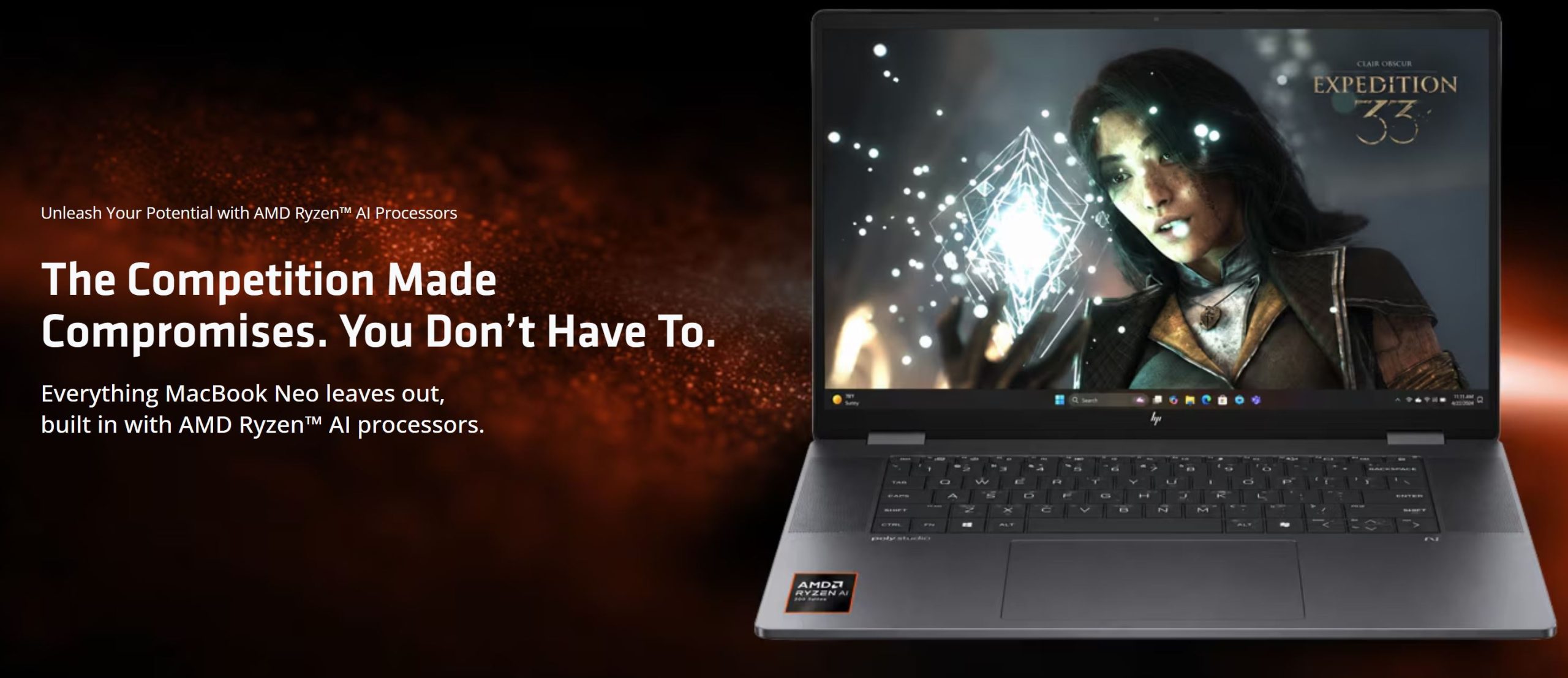 Un laptop HP affichant le jeu 'Expedition 33' avec le texte 'La concurrence a fait des compromis. Vous n'avez pas à le faire.' et un sticker de processeur AMD Ryzen AI.