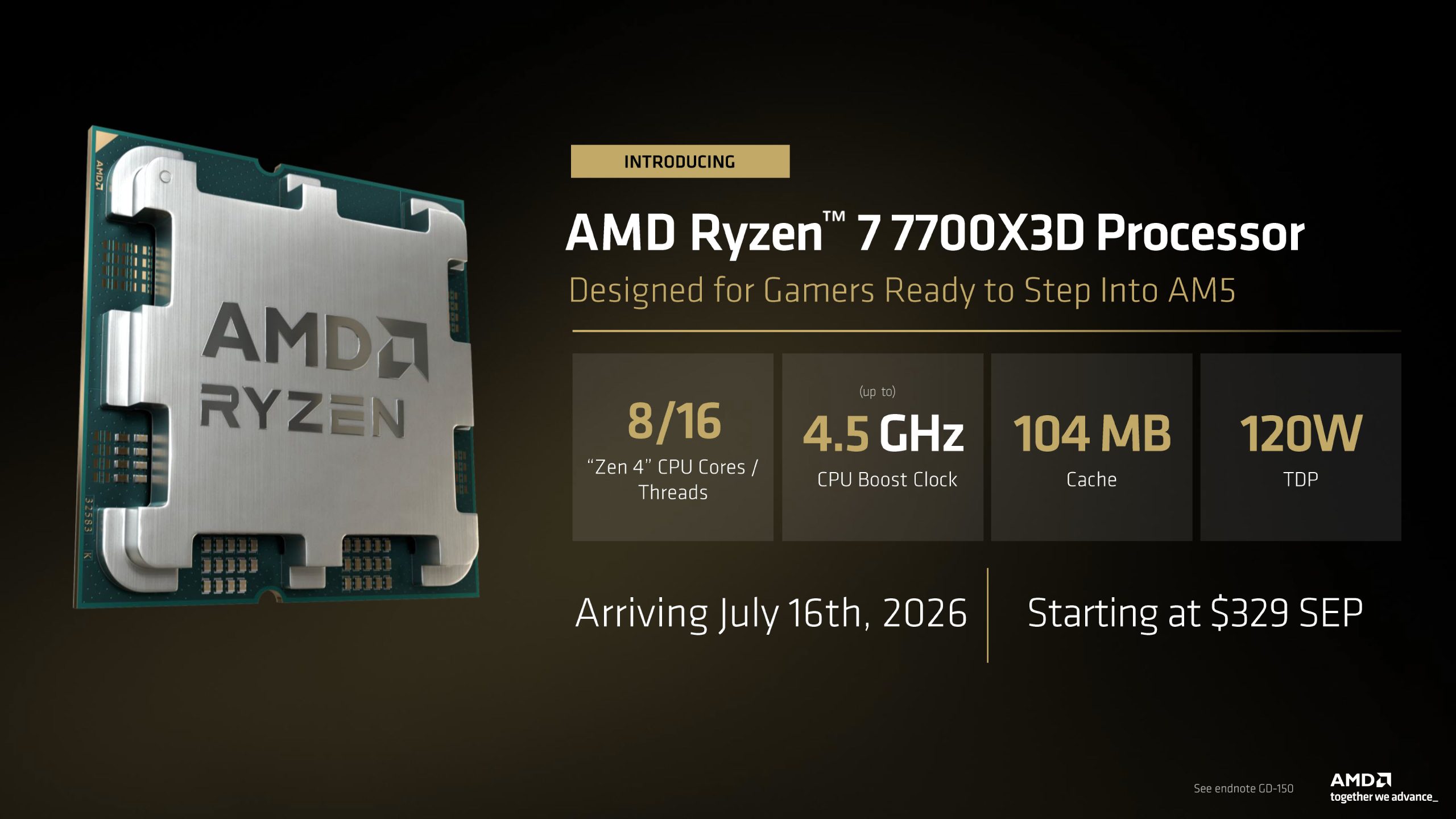 Le processeur AMD Ryzen 7 7700X3D avec les spécifications suivantes : 8/16 cœurs/threads Zen 4, fréquence de boost à 4.5 GHz, 104 Mo de cache, TDP 120W. Mention 'Arrivée le 16 juillet 2026' et 'À partir de 329 euros SEP'.