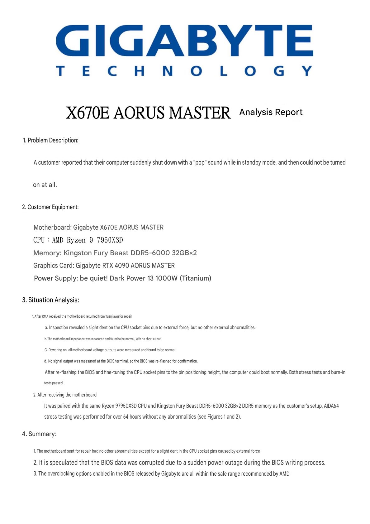 Rapport d'analyse Gigabyte pour une carte mère X670E AORUS MASTER, mentionnant une corruption du BIOS et une légère empreinte sur les pins du socket.