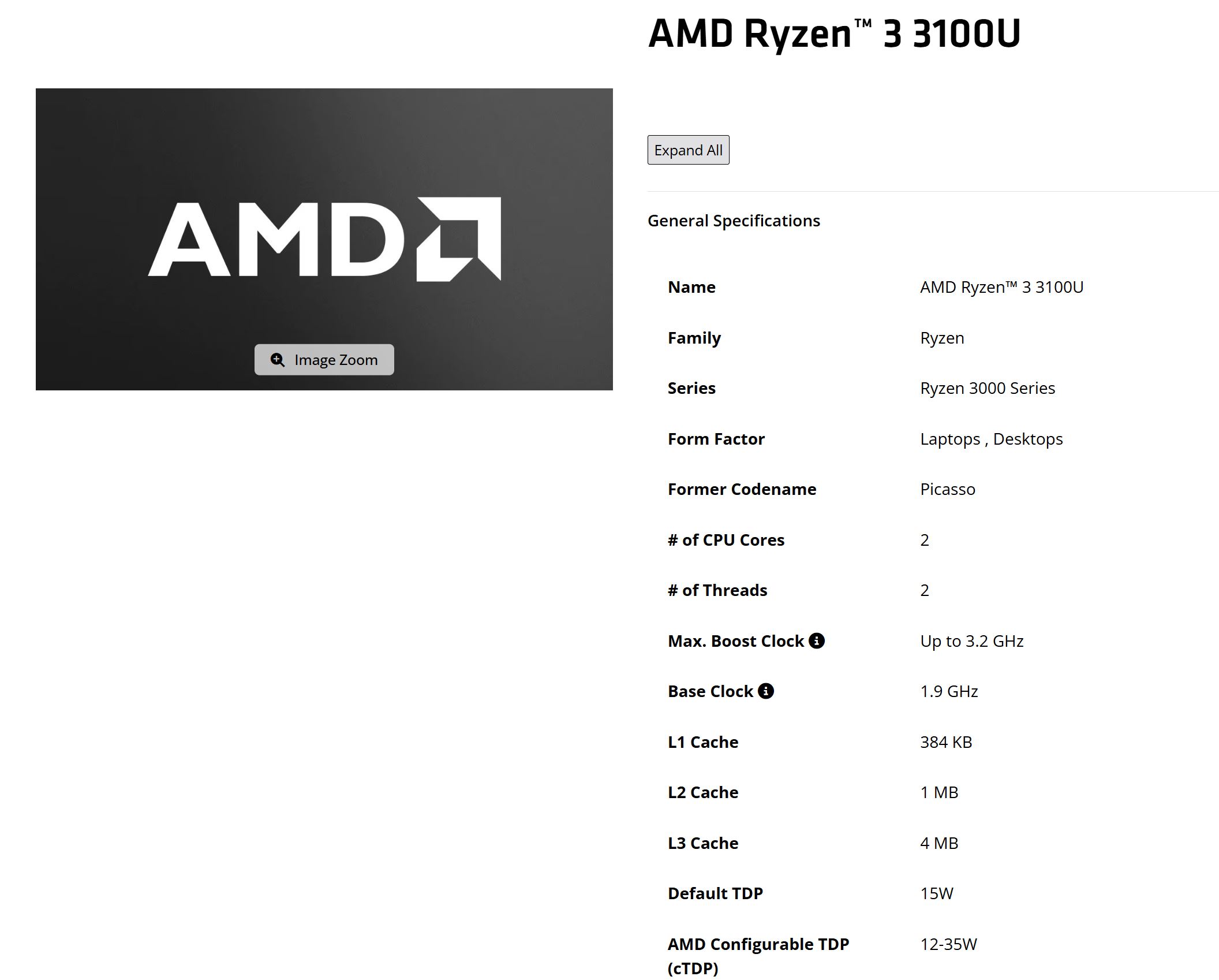 Logo AMD et spécifications du processeur Ryzen 3 3100U : 2 cœurs, 2 threads, fréquence max à 3,2 GHz.