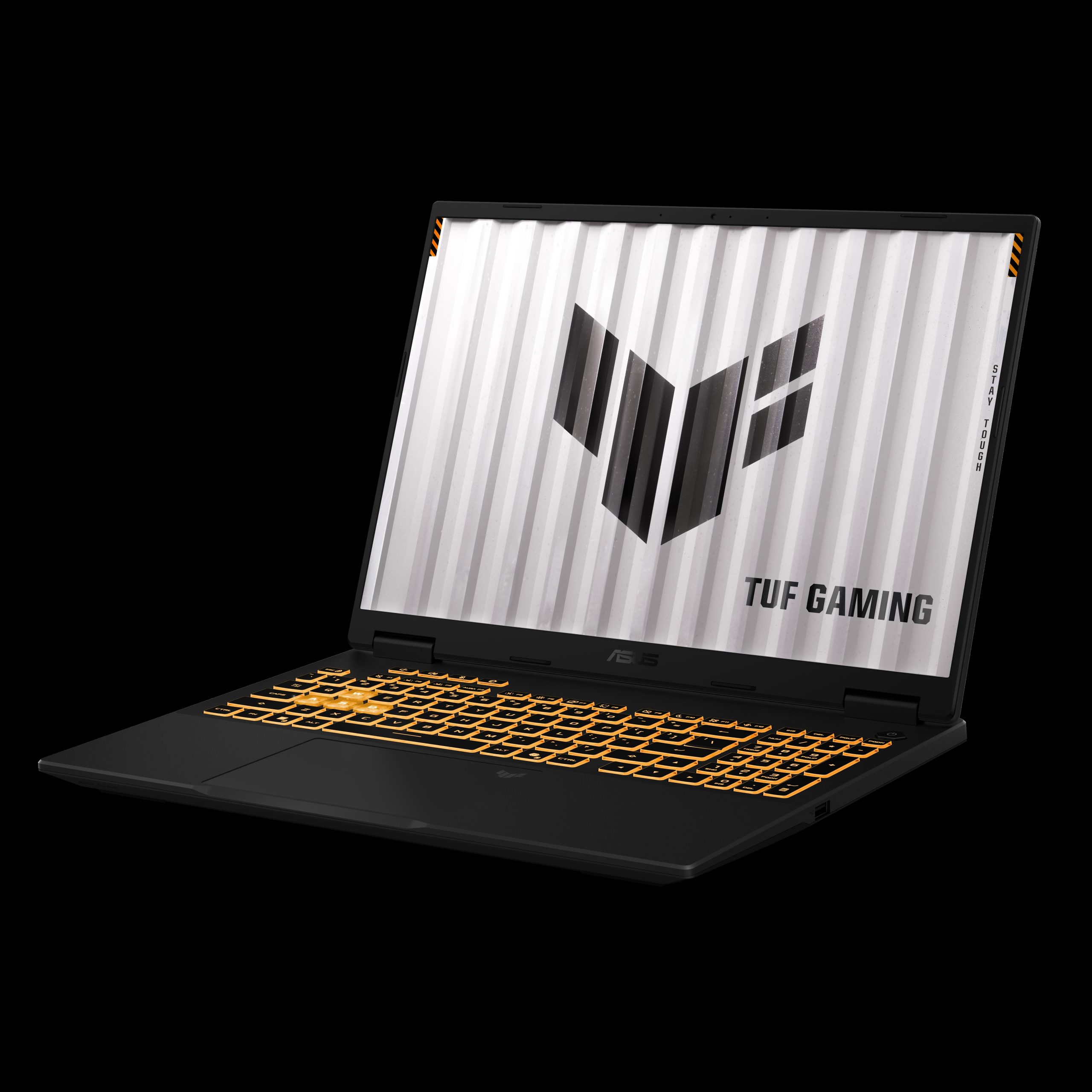 Un portable ASUS TUF Gaming avec un clavier rétroéclairé orange et un écran affichant le logo 'TUF Gaming'.