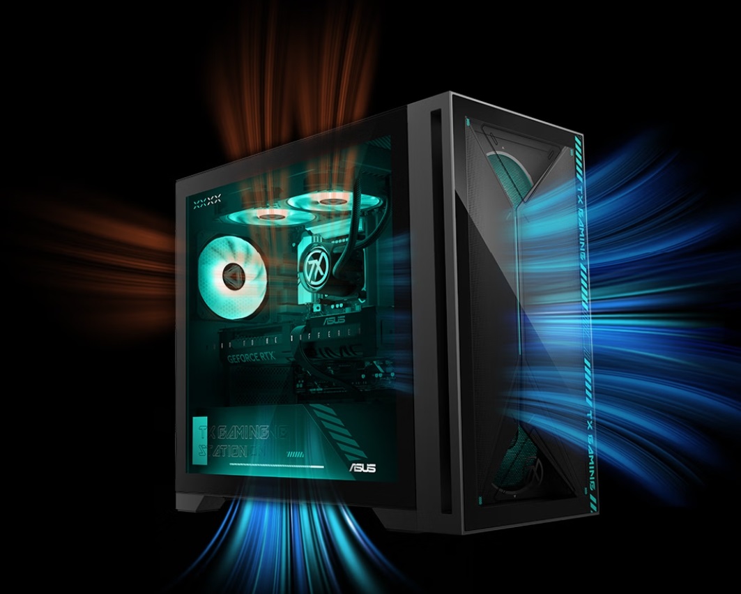 Un PC gaming ASUS avec ventilateurs RGB et une carte graphique GeForce RTX, des effets visuels soulignent la ventilation du boîtier.