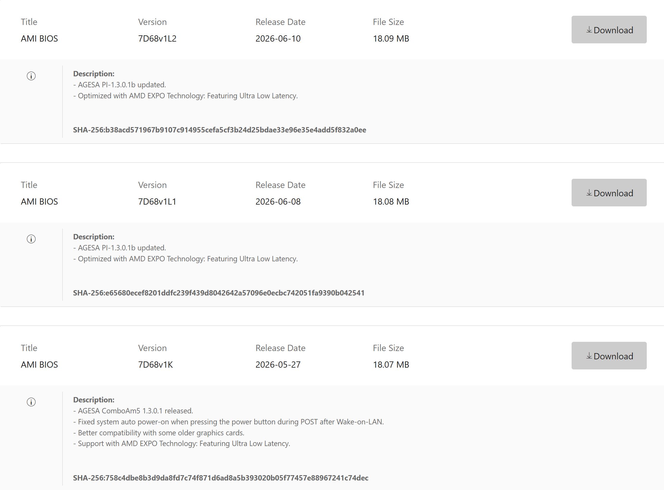Capture d'écran listant les versions de BIOS AMI 7D68v1L2, 7D68v1L1, et 7D68v1K pour carte mère MSI, avec leurs dates de sortie et descriptions mentionnant 'AGESA PI-1.3.0.1b' et 'Optimized with AMD EXPO Technology: Featuring Ultra Low Latency.'