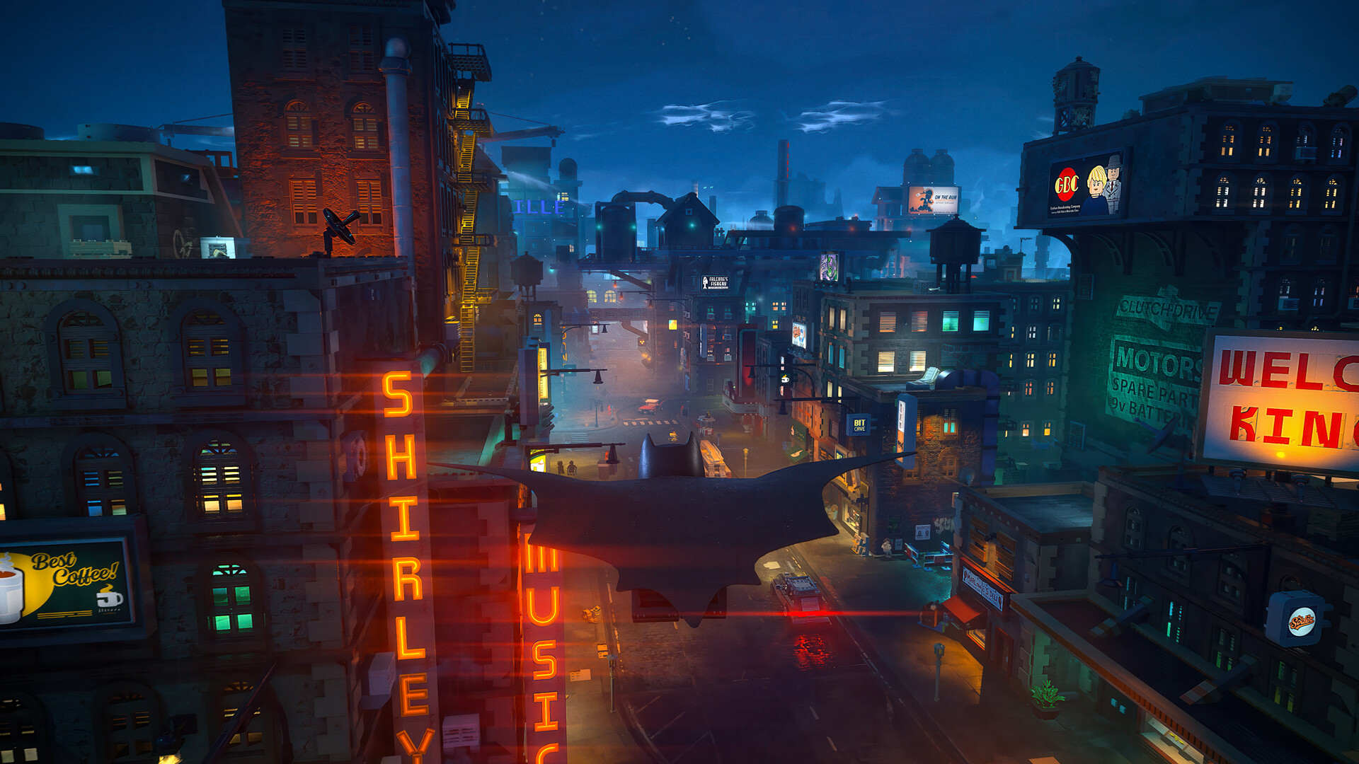 Vue sur la ville futuriste de Gotham avec des enseignes néon, un avion furtif en vol et les panneaux 'SHIRLEY' et 'WELCOME' bien visibles.