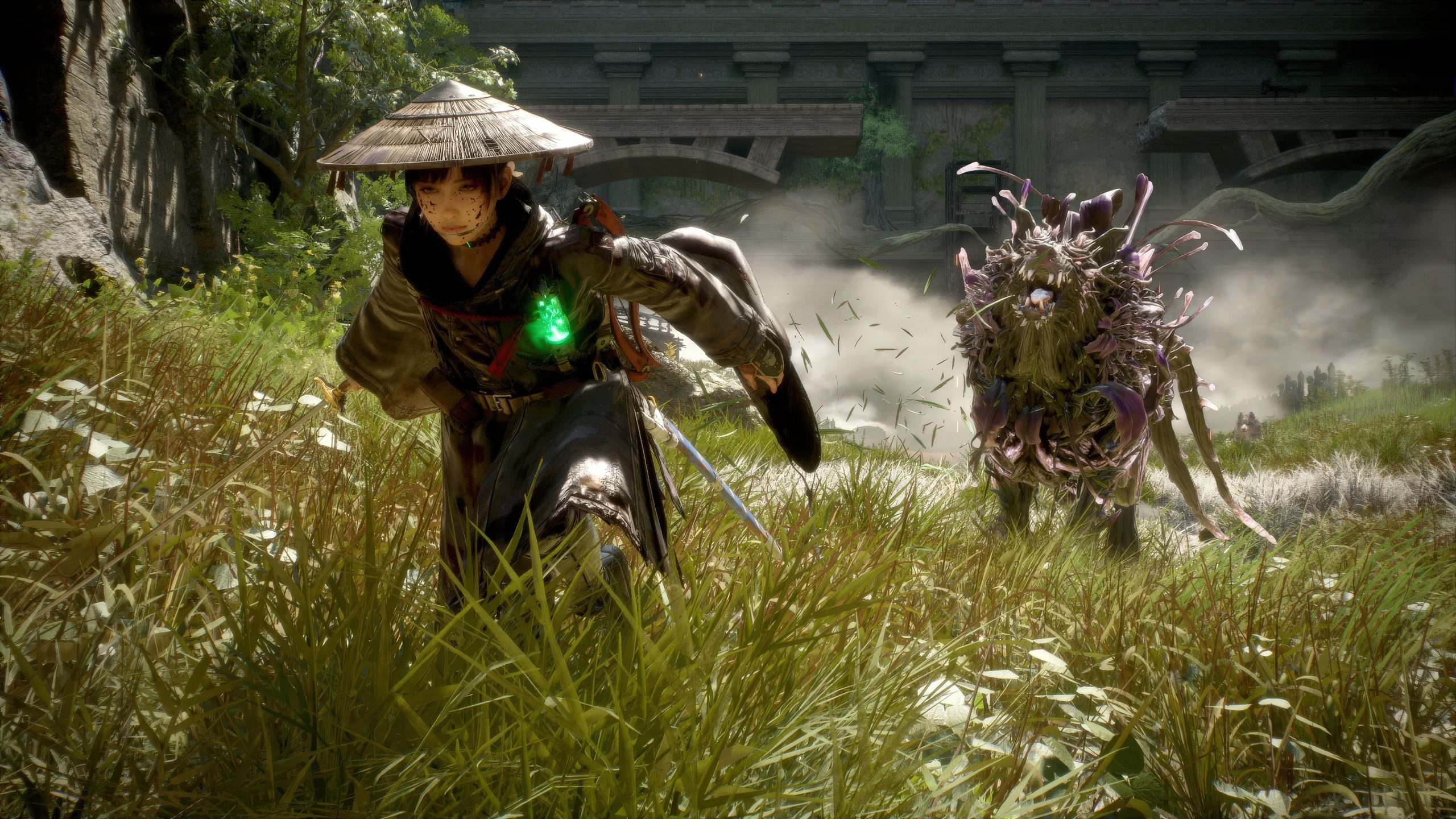 A character in traditional attire with a glowing green amulet is chased by a plant-like beast in a grassy landscape from the game Beast of Reincarnation.