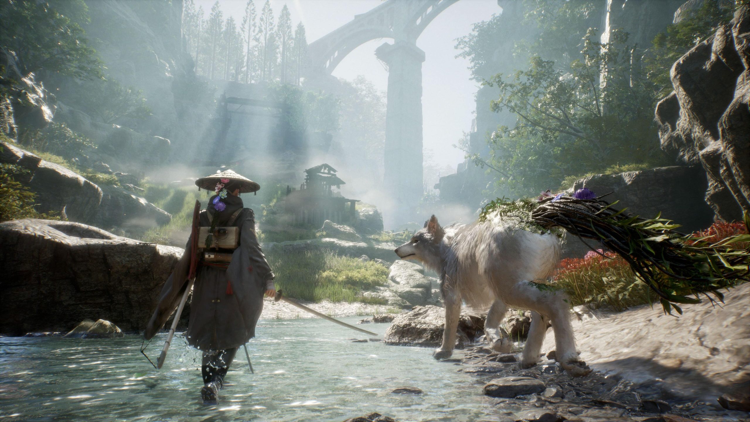 A character in the game Beast of Reincarnation walks alongside a mystical creature across a shallow river surrounded by lush, ancient ruins.