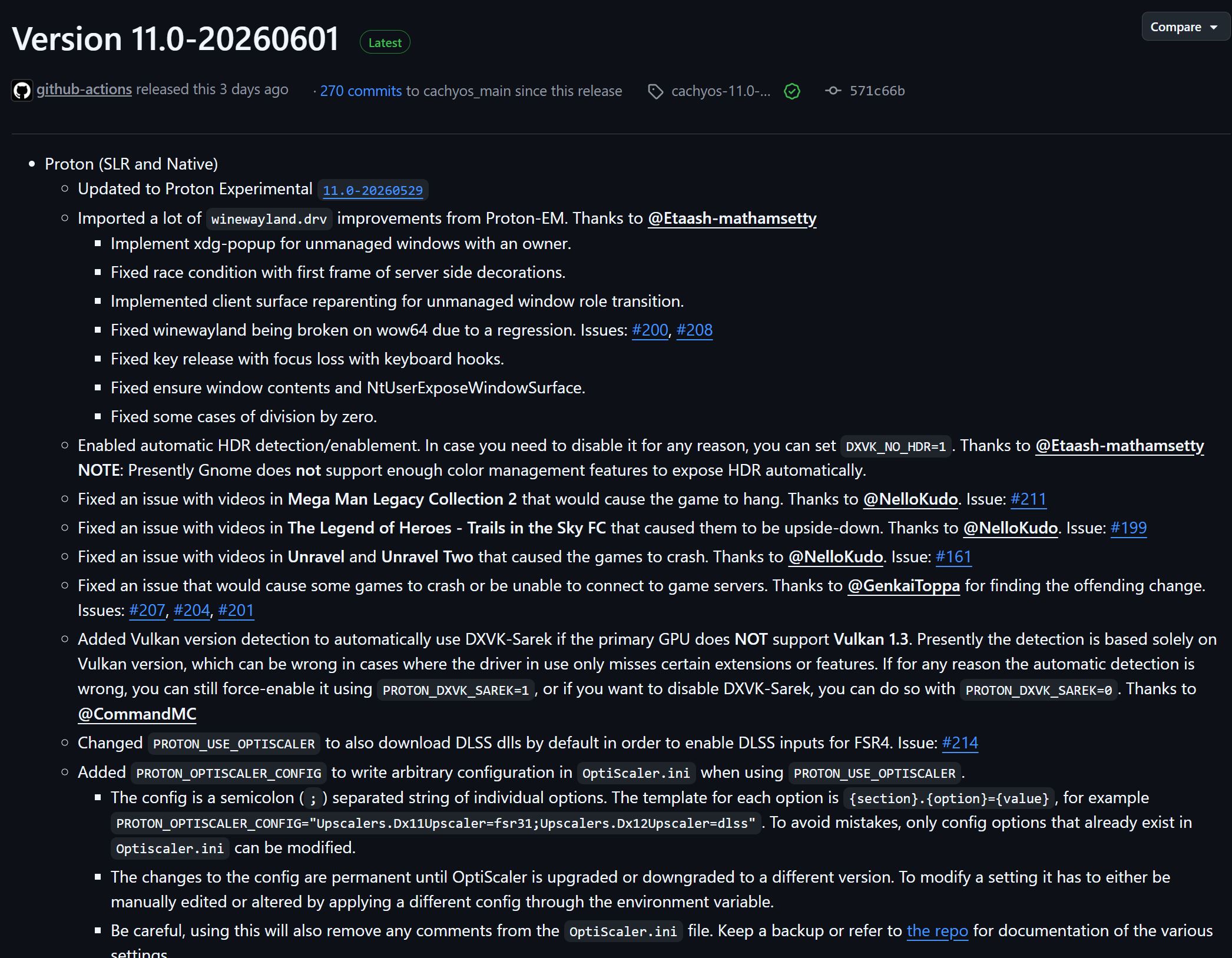 Journal des modifications de la version 11.0-20260601 de Proton-CachyOS.