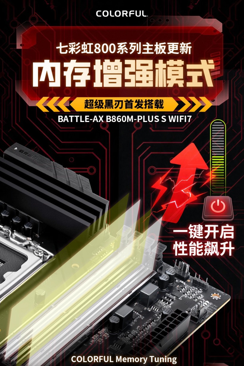Image promotionnelle de la carte mère Colorful BATTLE-AX B860M-PLUS S WIFI7 mettant en avant le 'COLORFUL Memory Tuning' et ses performances mémoire améliorées.