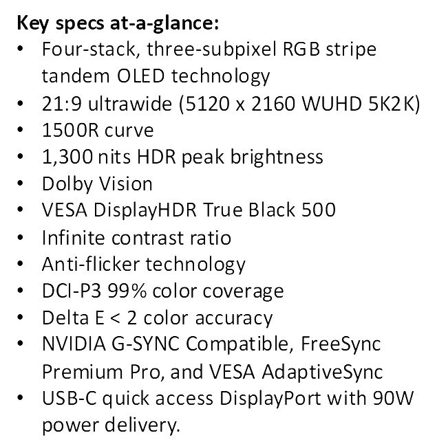 Une liste de spécifications met en avant un écran avec la technologie Four-stack, three-subpixel RGB stripe tandem OLED, un format 21:9 ultrawide (5120 x 2160 WUHD 5K2K), une luminosité HDR de pointe de 1300 nits, la compatibilité NVIDIA G-SYNC et la certification VESA DisplayHDR True Black 500.