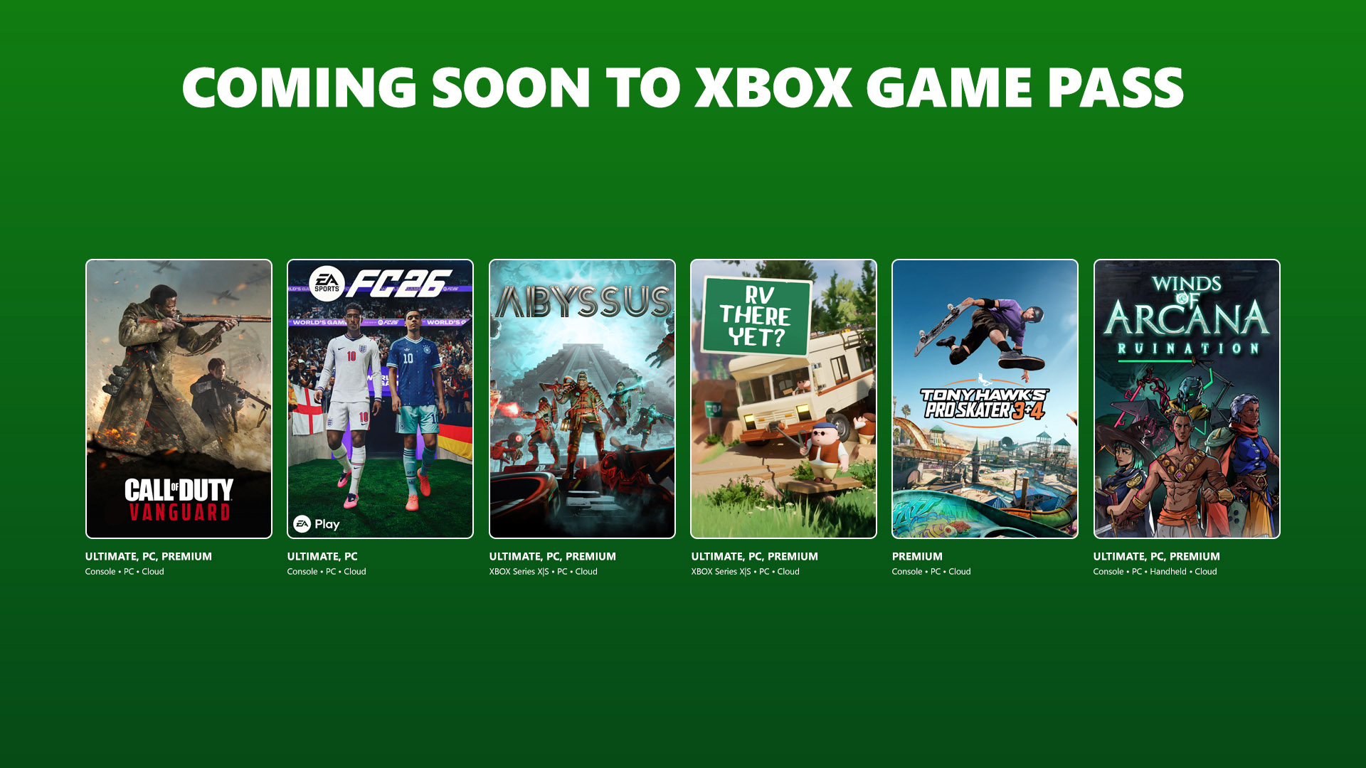 Bannière présentant les jeux 'Call of Duty: Vanguard', 'EA Sports FC 24', 'Abyssus', 'RV There Yet?', 'Tony Hawk's Pro Skater 3+4', et 'Winds of Arcana: Ruination' avec le texte 'Prochainement sur Xbox Game Pass' sur fond vert.