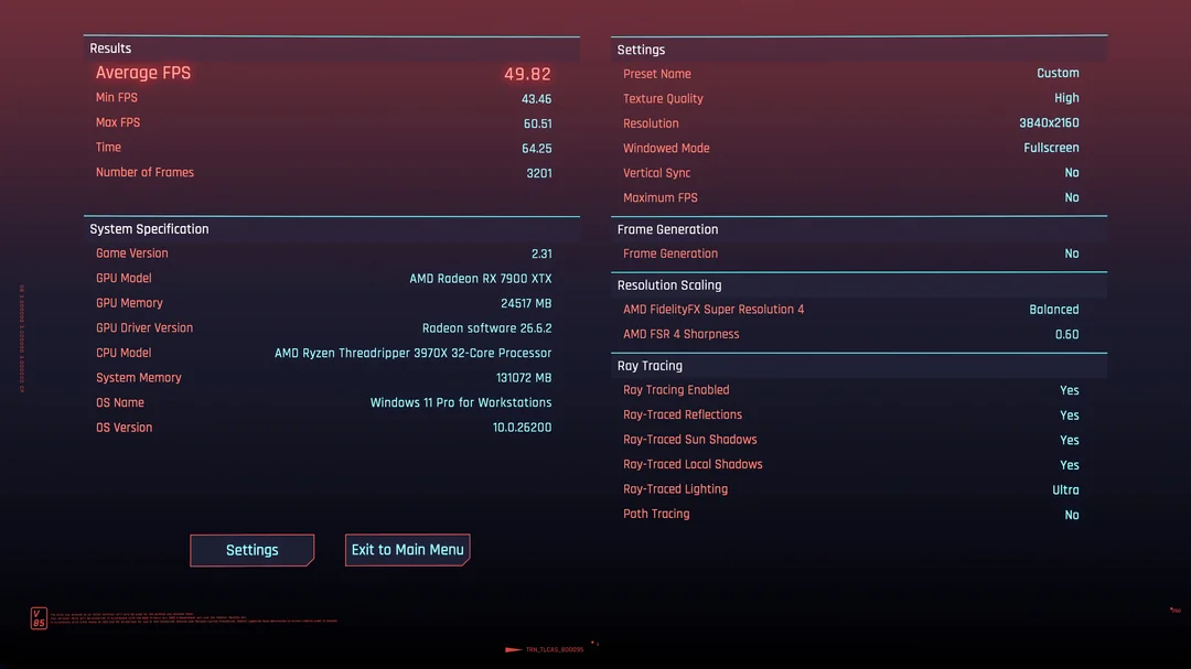 Un écran de résultats de performance pour une AMD Radeon RX 7900 XTX affiche une moyenne de 49.82 FPS avec les paramètres 'Custom' en 3840x2160. Le système utilise un AMD Ryzen Threadripper 3970X sous Windows 11 Pro for Workstations.