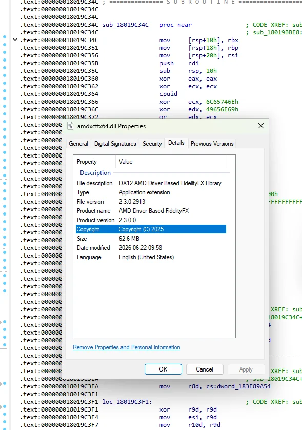 Fenêtre des propriétés du fichier 'amdcfxfx64.dll' de la bibliothèque DX12 AMD FidelityFX, avec la version '2.3.0.2913'.