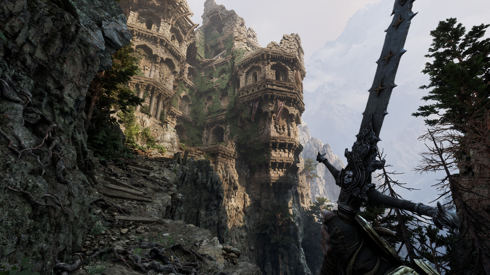 Un personnage du jeu Fatekeeper tenant une épée ornée devant un château de pierre détaillé, intégré dans une falaise rocheuse et recouvert de lierre.