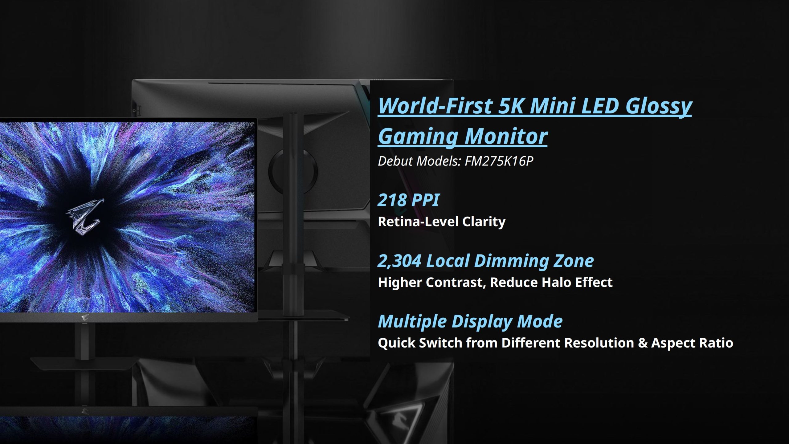 Un moniteur AORUS affichant des graphismes vibrants, décrit comme le premier moniteur de jeu 5K Mini LED glossy au monde.