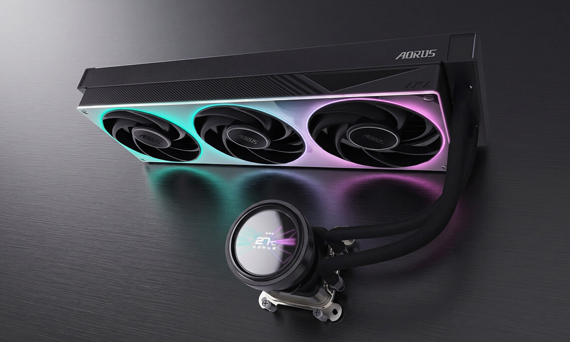 Un système de refroidissement liquide AORUS avec trois ventilateurs RGB et un affichage indiquant '27°C' sur la pompe.