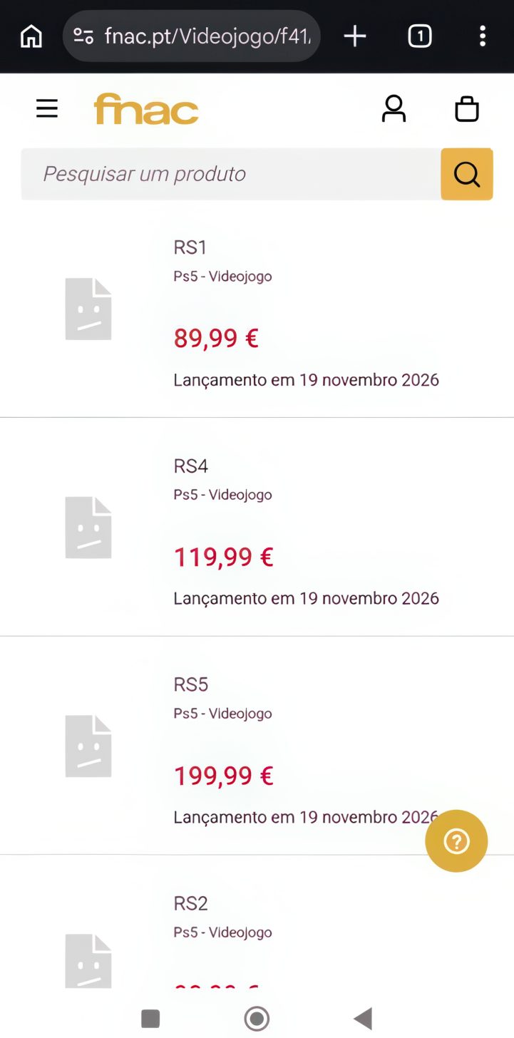 Capture d'écran du site fnac.pt montrant des listes pour PS5 intitulées 'RS1', 'RS4' et 'RS5', aux prix de 89,99 €, 119,99 € et 199,99 €, avec une date de sortie au 19 novembre 2026.