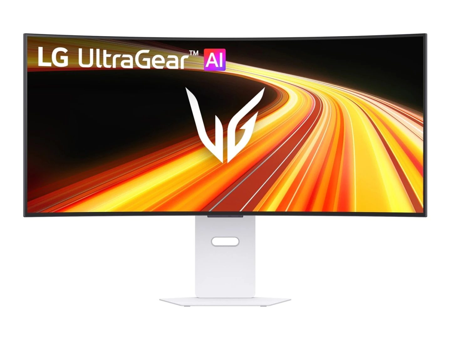 Un moniteur LG UltraGear AI incurvé affiche un graphique vibrant avec le logo UltraGear et le slogan 'LG UltraGear AI'.