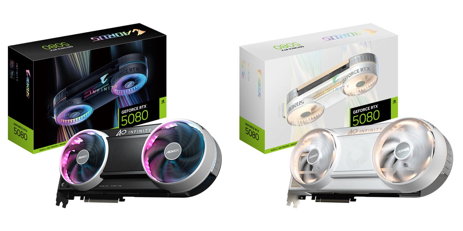 Deux boîtes de cartes graphiques AORUS GeForce RTX 5080 sont présentées, avec leurs cartes respectives dotées de deux ventilateurs et de la marque 'AORUS'.