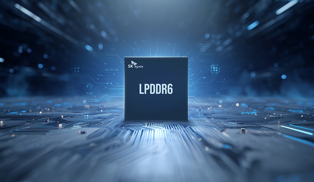 Un composant marqué LPDDR6 avec le logo SK hynix, sur un fond de circuit imprimé futuriste.