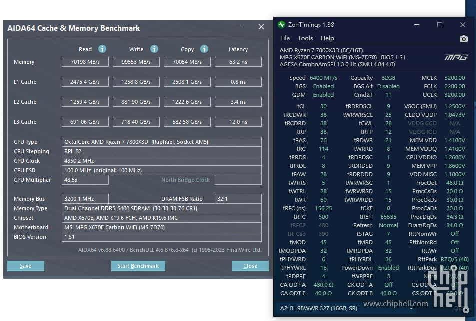 Capture d'écran AIDA64 et ZenTimings montrant les performances d'un Ryzen 7 7800X3D avec de la mémoire à 6400 MT/s.