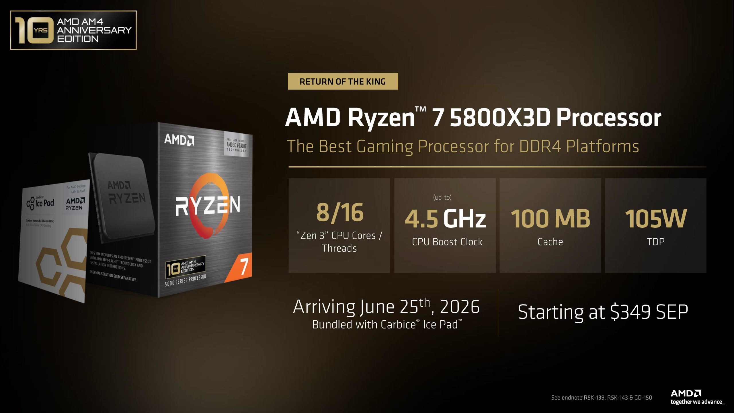 Boîte du processeur AMD Ryzen 7 5800X3D, présenté comme le meilleur CPU pour jeux sur plateforme DDR4. Spécifications : 8 cœurs, 16 threads Zen 3, jusqu'à 4.5 GHz, 100 Mo de cache, TDP 105W, disponible le 25 juin 2026 à partir de 349€.