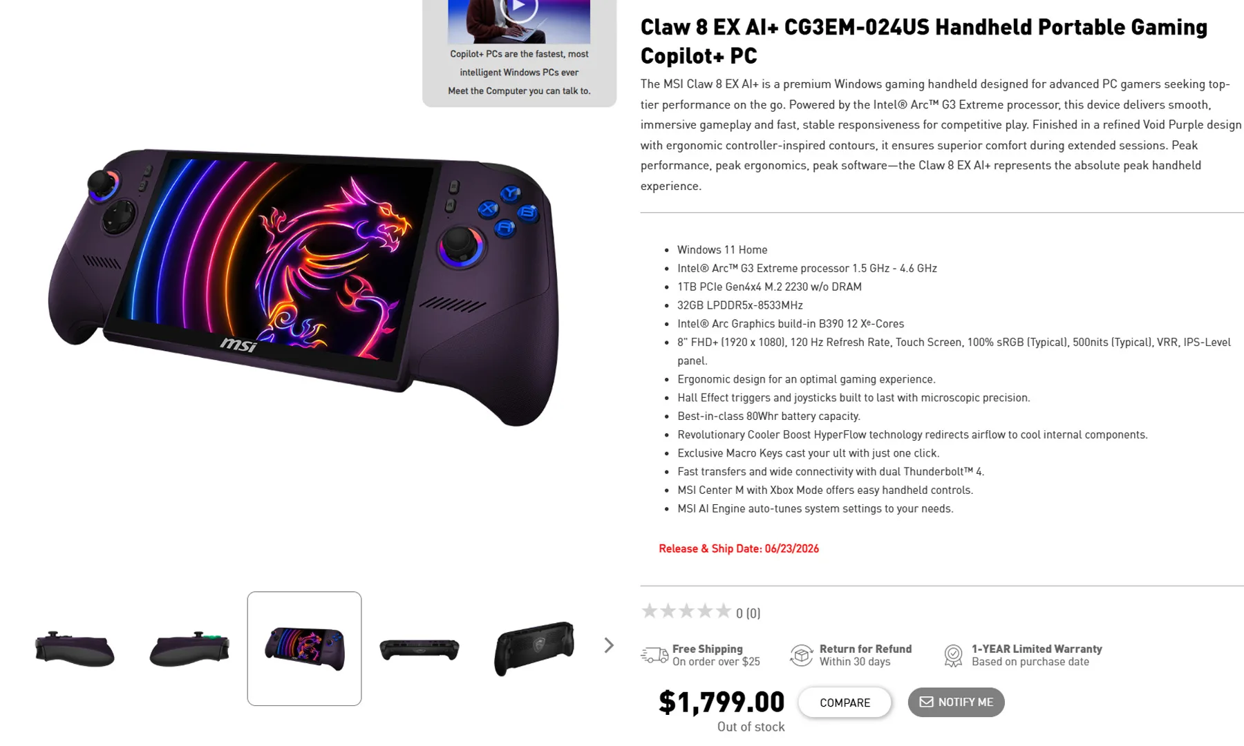MSI Claw 8 EX AI+ Price on MSI official website