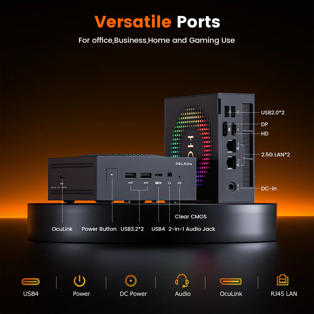 Un Mini PC Peladn montrant ses nombreux ports : USB4, USB 3.2, USB 2.0, deux ports LAN 2.5G et DisplayPort.