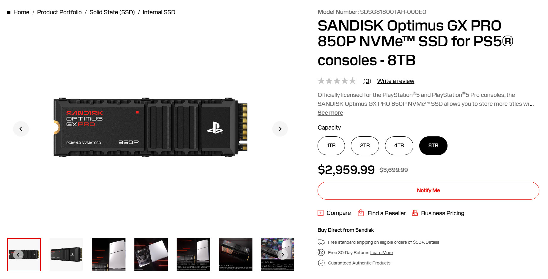 Le SSD SanDisk Optimus GX PRO 850P pour PS5, d'une capacité de 8TB, affiche un prix de 2 959,99 $