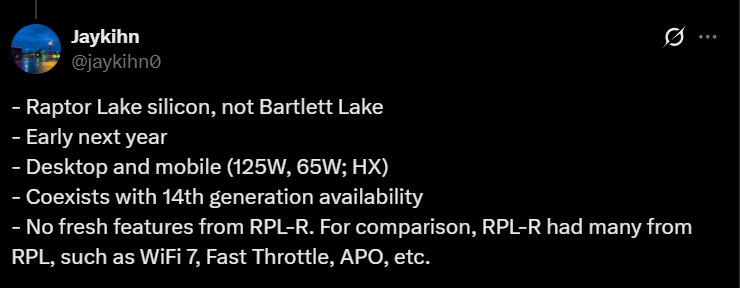 Tweet de l'informateur Jaykihn détaillant les caractéristiques de Raptor Lake Next
