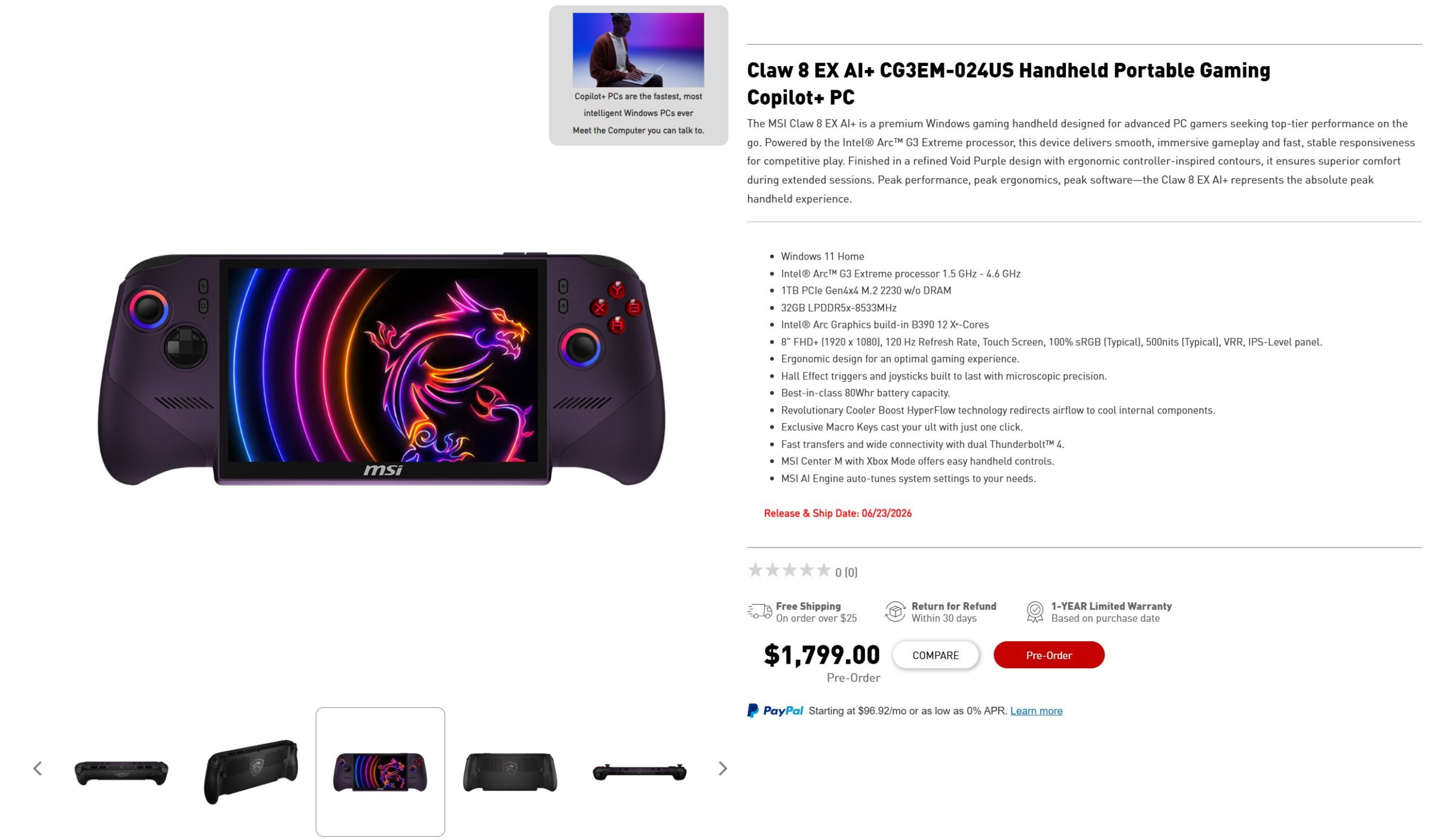 La console portable MSI Claw 8 EX AI+ de couleur Violet Profond.