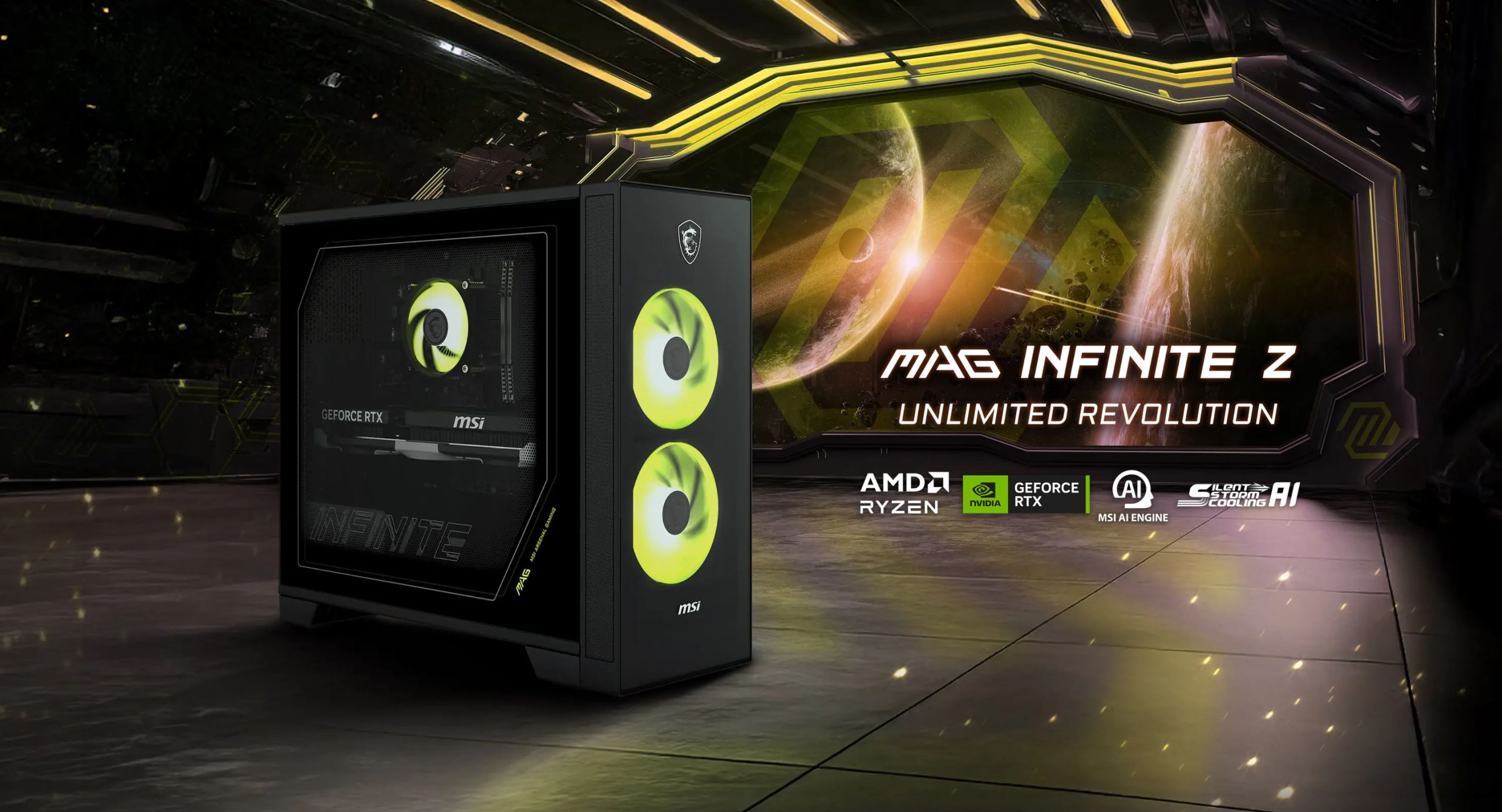 Un PC gaming MSI MAG Infinite Z avec des ventilateurs illuminés et des logos AMD Ryzen, NVIDIA GeForce RTX, MSI AI Engine et Silent Storm Cooling AI.