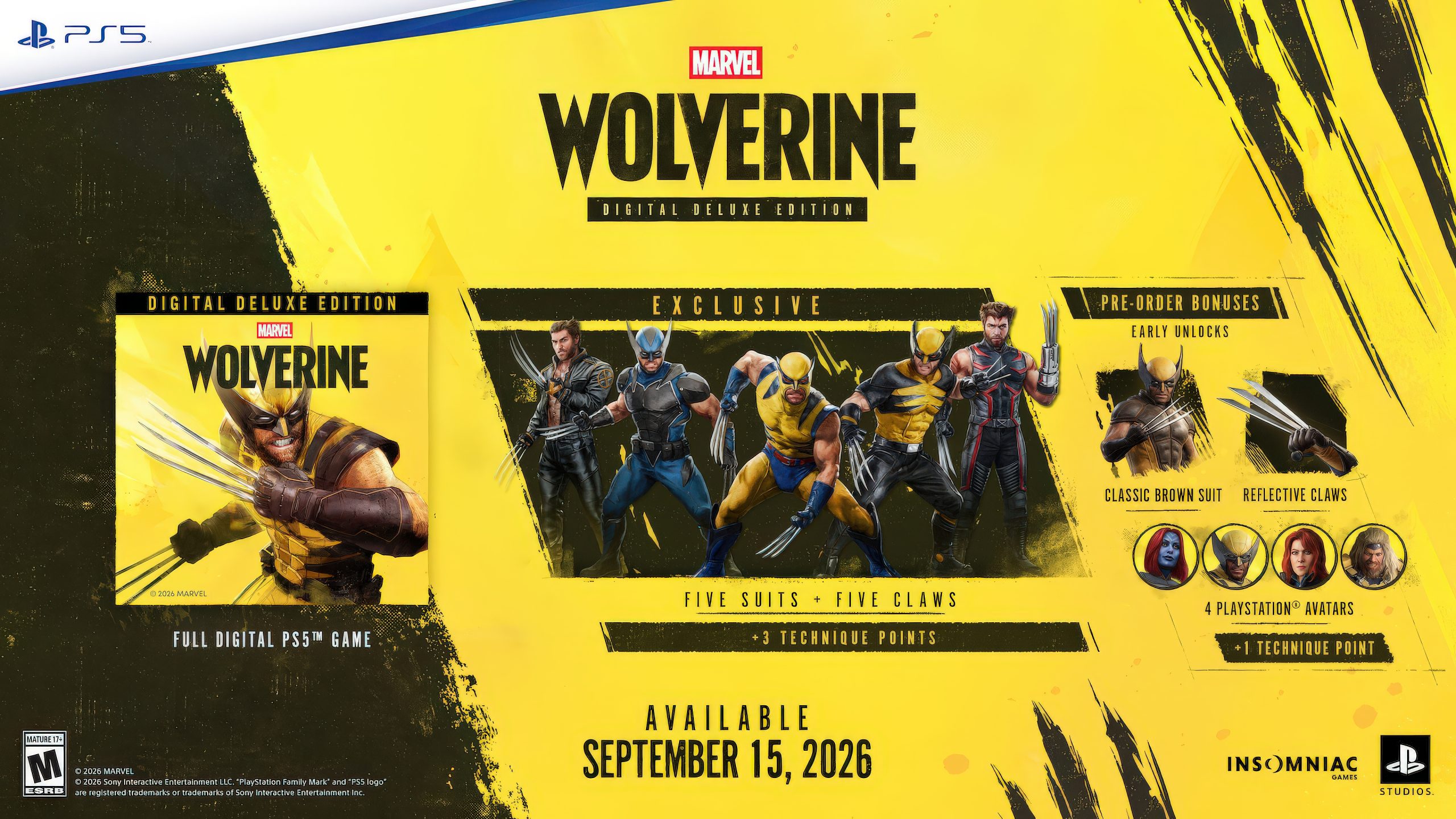 Visuel promotionnel de l'Édition Deluxe Digitale de Marvel's Wolverine sur PS5, présentant du contenu exclusif en jeu.