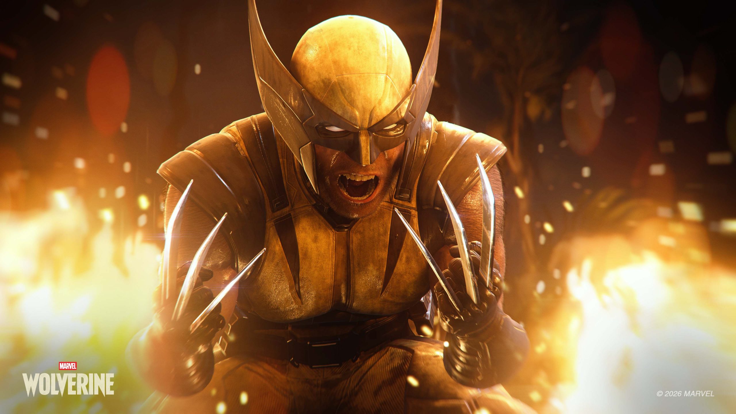 Wolverine, griffes dégainées, dans une posture agressive au milieu d'étincelles et d'un éclairage dramatique.