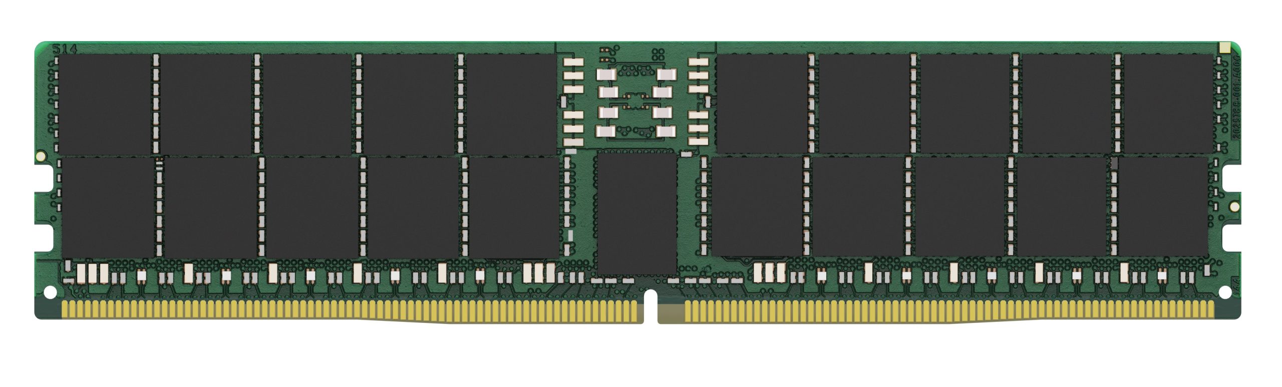 Un module de mémoire DDR5 RDIMM vert avec plusieurs puces mémoire noires et des connecteurs dorés.