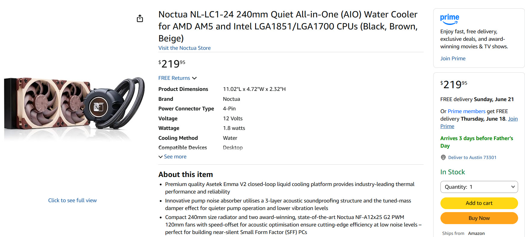 Refroidisseur à eau tout-en-un Noctua NL-LC1-24 240mm avec deux ventilateurs, compatible avec les CPU AMD AM5 et Intel LGA1851/LGA1700, affiché sur la page Amazon à 219.95€.