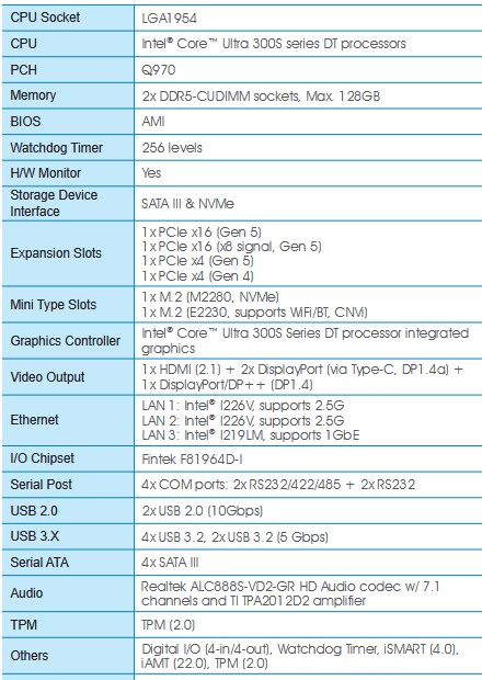 Tableau de spécifications techniques pour une carte mère Intel Q970 avec socket LGA1954, supportant les processeurs Core Ultra 3000/4000 Série DT, 2 slots DDR5-CUDIMM, interfaces SATA III et NVMe.