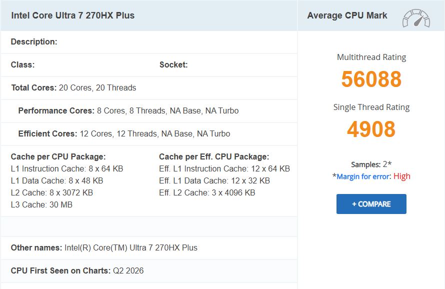 Graphique de performances pour l'Intel Core Ultra 7 270HX Plus affichant un score multithread de 56088 et un score single thread de 4908.