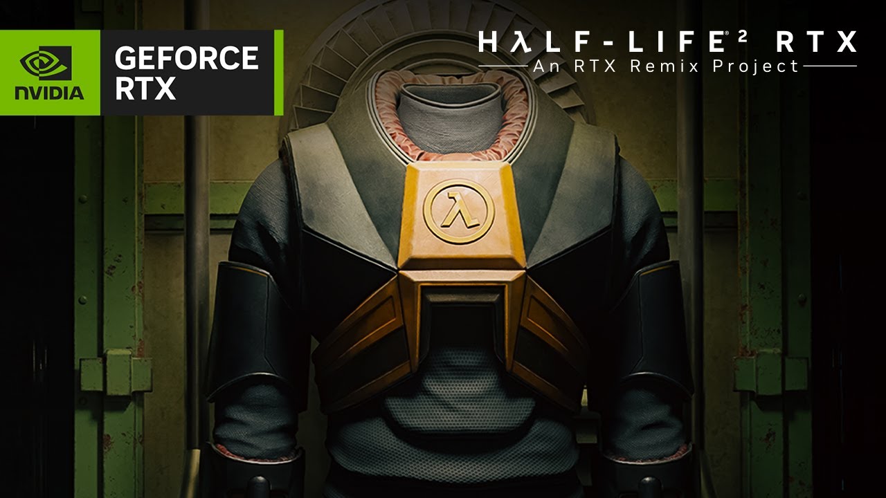 Un costume futuriste avec le logo Half-Life est présenté sous le titre 'Half-Life² RTX An RTX Remix Project' aux côtés du branding NVIDIA GeForce RTX.
