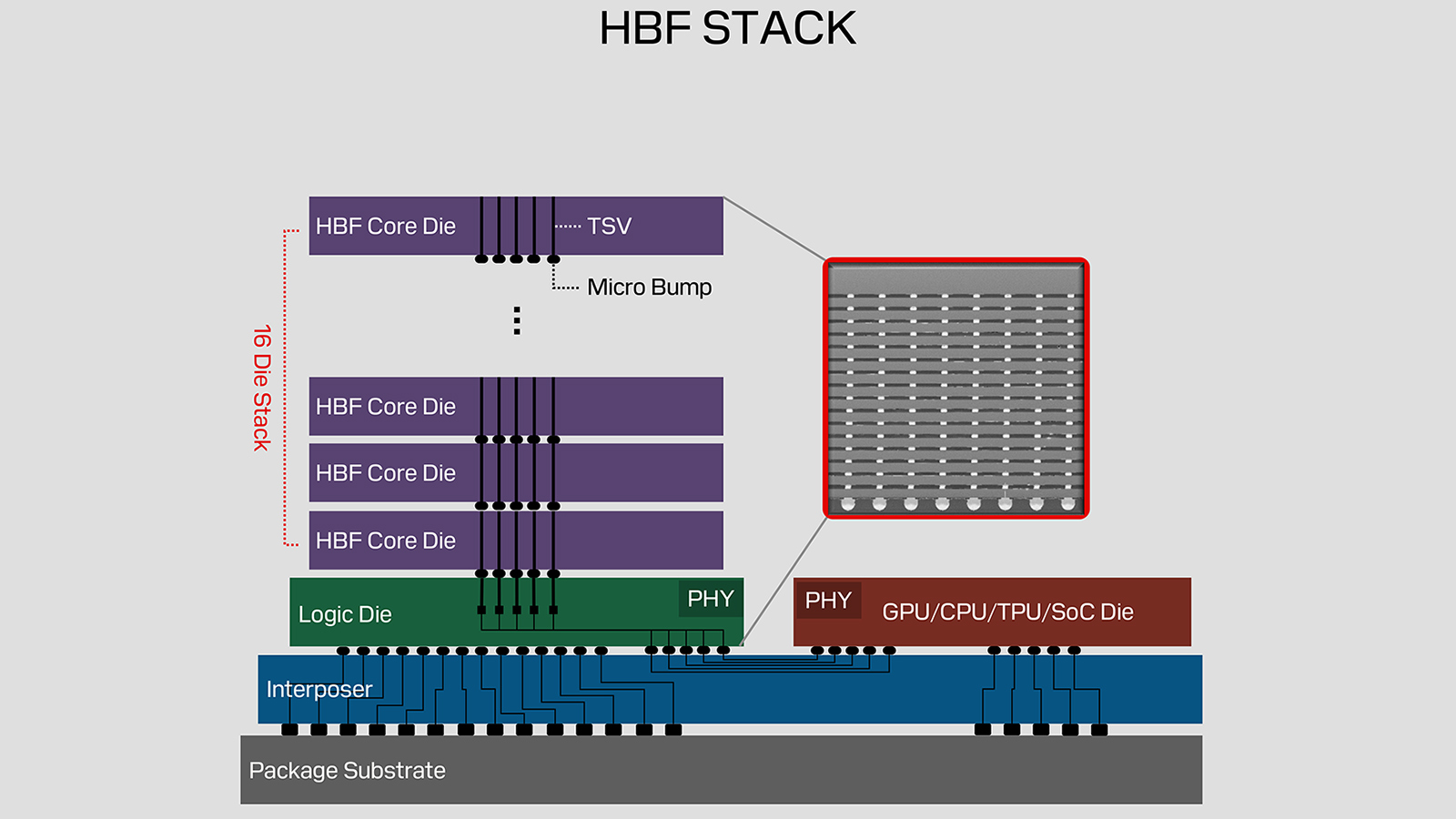 Diagramme de l'architecture HBF montrant des coeurs, de la logique, un interposer et des dies GPU/CPU/TPU/SoC.