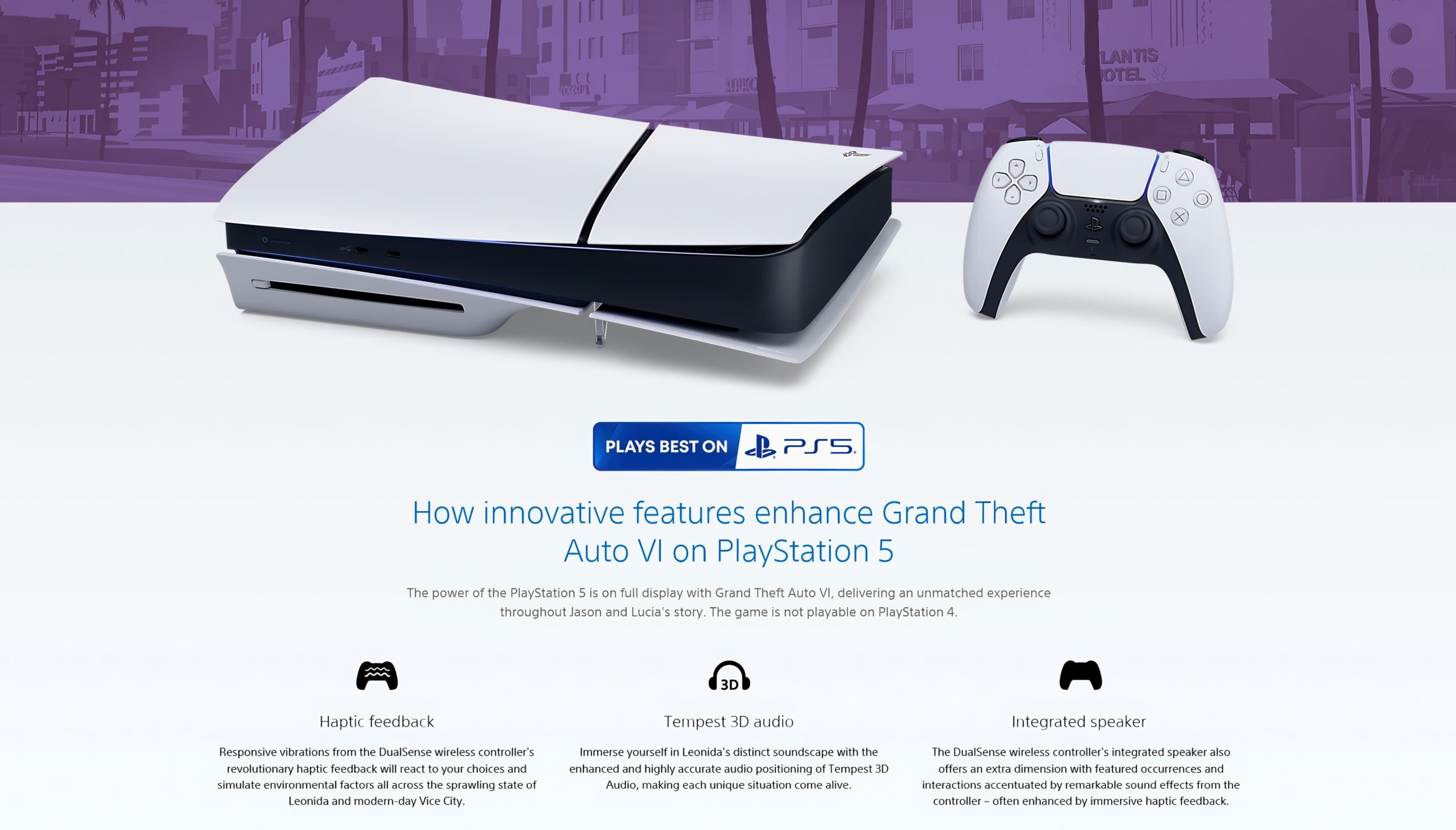 Une PlayStation 5 et une manette DualSense avec le slogan « Se joue mieux sur PS5 ». L'image met en avant les fonctionnalités améliorées pour GTA VI sur PlayStation 5, comme le retour haptique, l'audio 3D Tempest et le haut-parleur intégré.