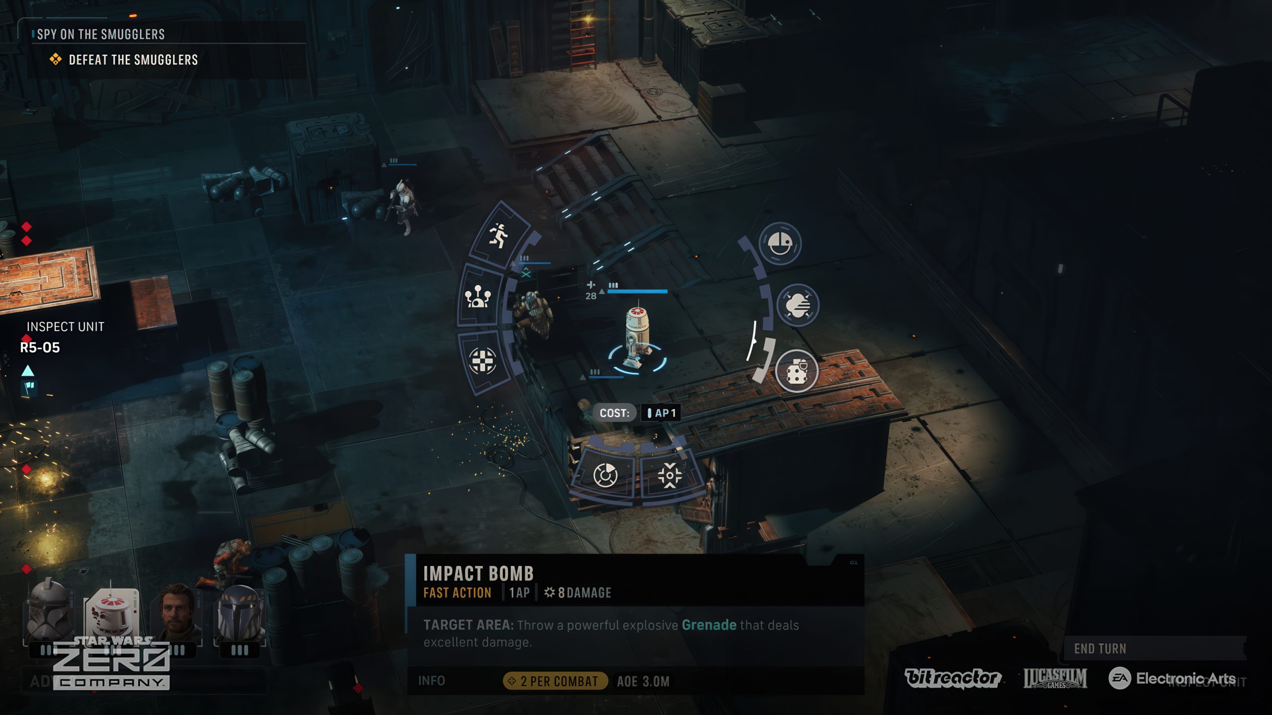 Capture d'écran de gameplay de Star Wars: Zero Company montrant une interface tactique avec une unité droïde R5-05 et une action 'Bombe d'Impact'.
