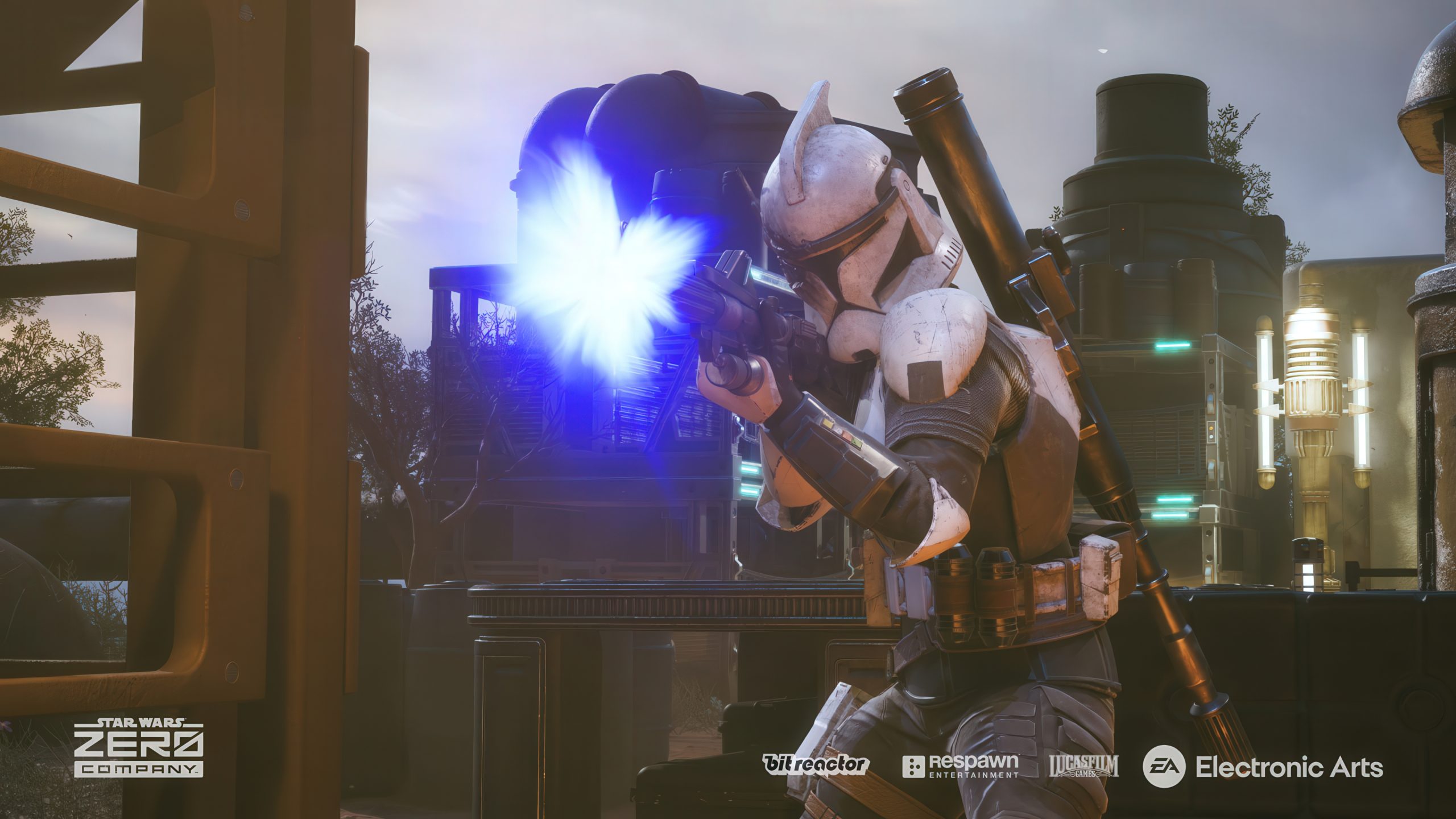 Un clone trooper de Star Wars: Zero Company tire au blaster dans une scène de combat, avec les logos de Bit Reactor, Respawn Entertainment, Lucasfilm Games et Electronic Arts.