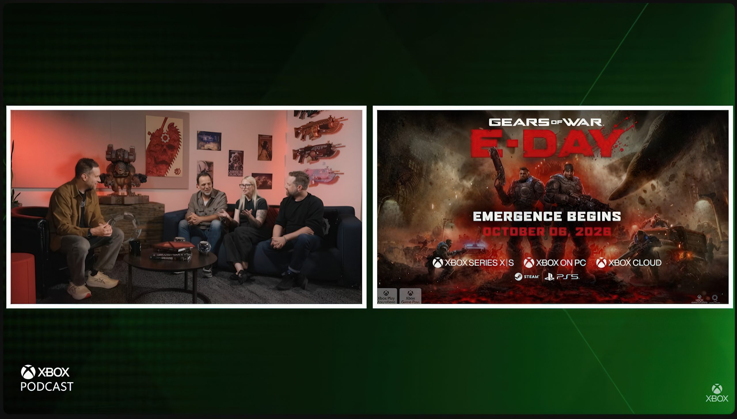 Un groupe de personnes discute sur le plateau du 'Xbox Podcast' à côté d'une affiche promotionnelle pour 'Gears of War E-Day' avec la mention 'Emergence Begins October 06, 2028' et les logos des plateformes Xbox Series X|S, PC, Xbox Cloud, Steam et PS5.