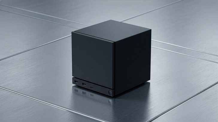 Un appareil Steam Machine avec de multiples ports est posé sur une surface métallique.