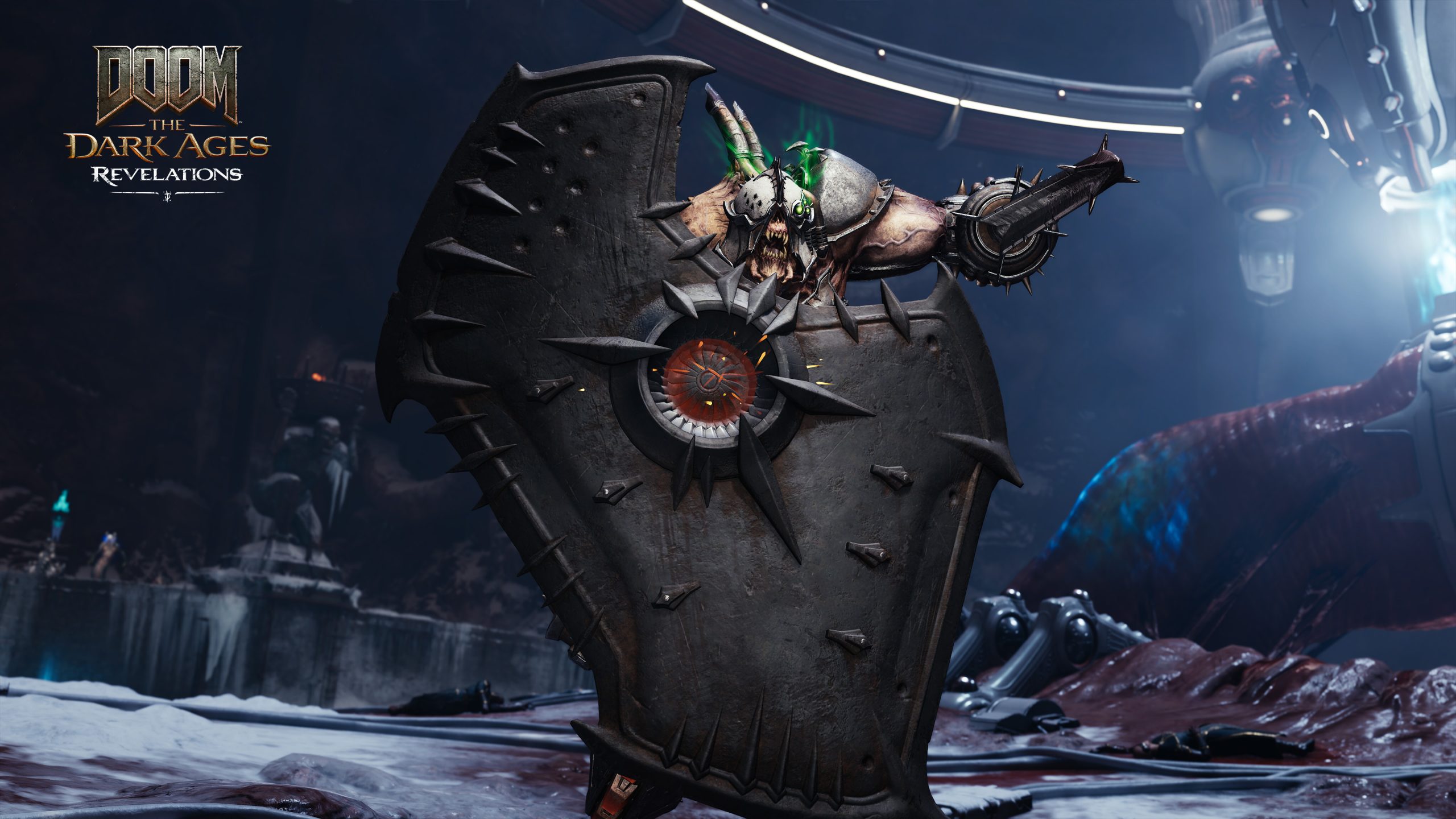 Une créature menaçante brandissant un bouclier à pointes apparaît dans le jeu vidéo 'DOOM The Dark Ages Revelations', dans un environnement sombre et futuriste.