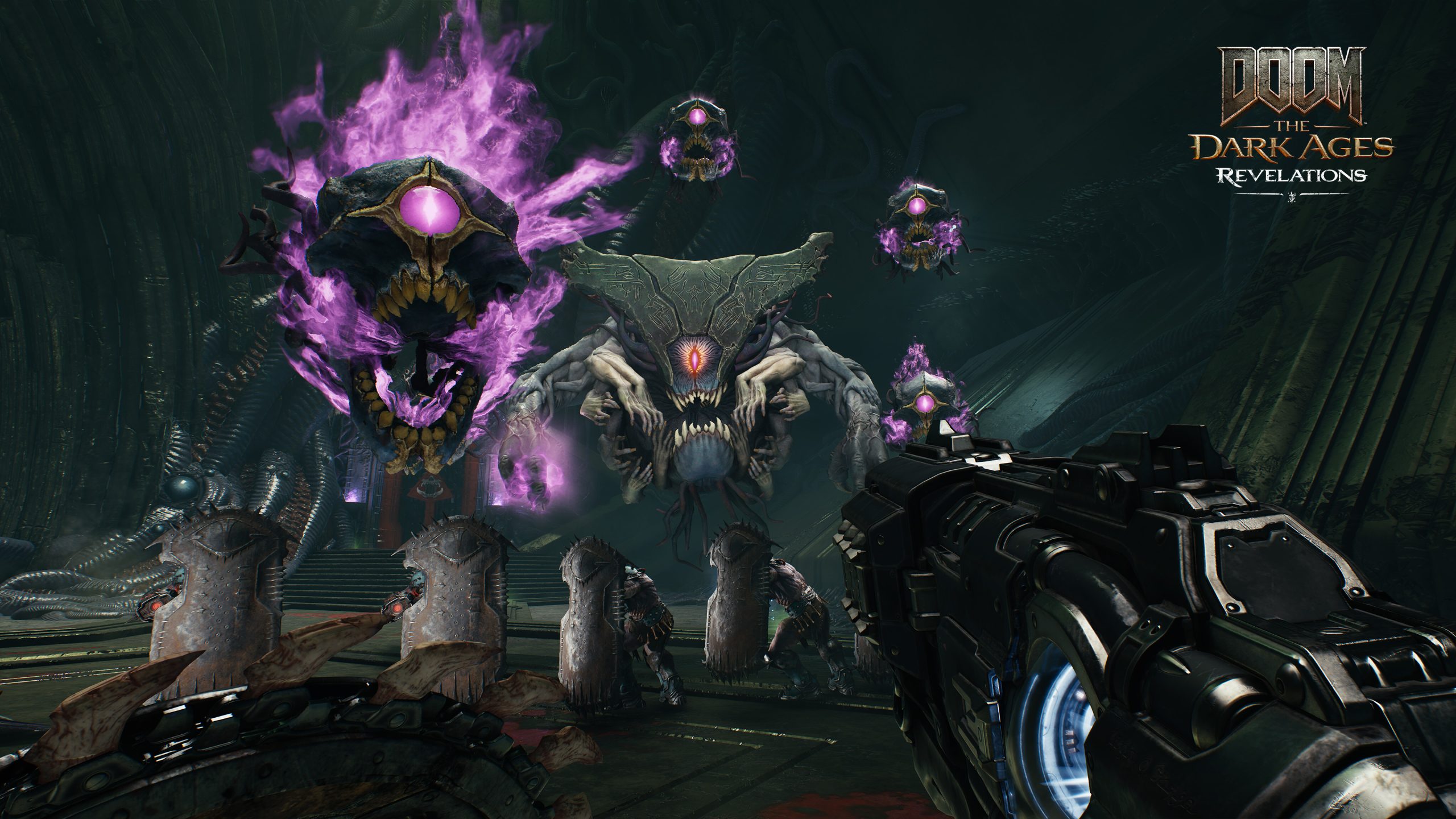 Dans le jeu 'Doom: The Dark Ages Revelations', un joueur vise une arme futuriste sur un groupe de créatures menaçantes et flottantes avec une énergie violette luminescente.