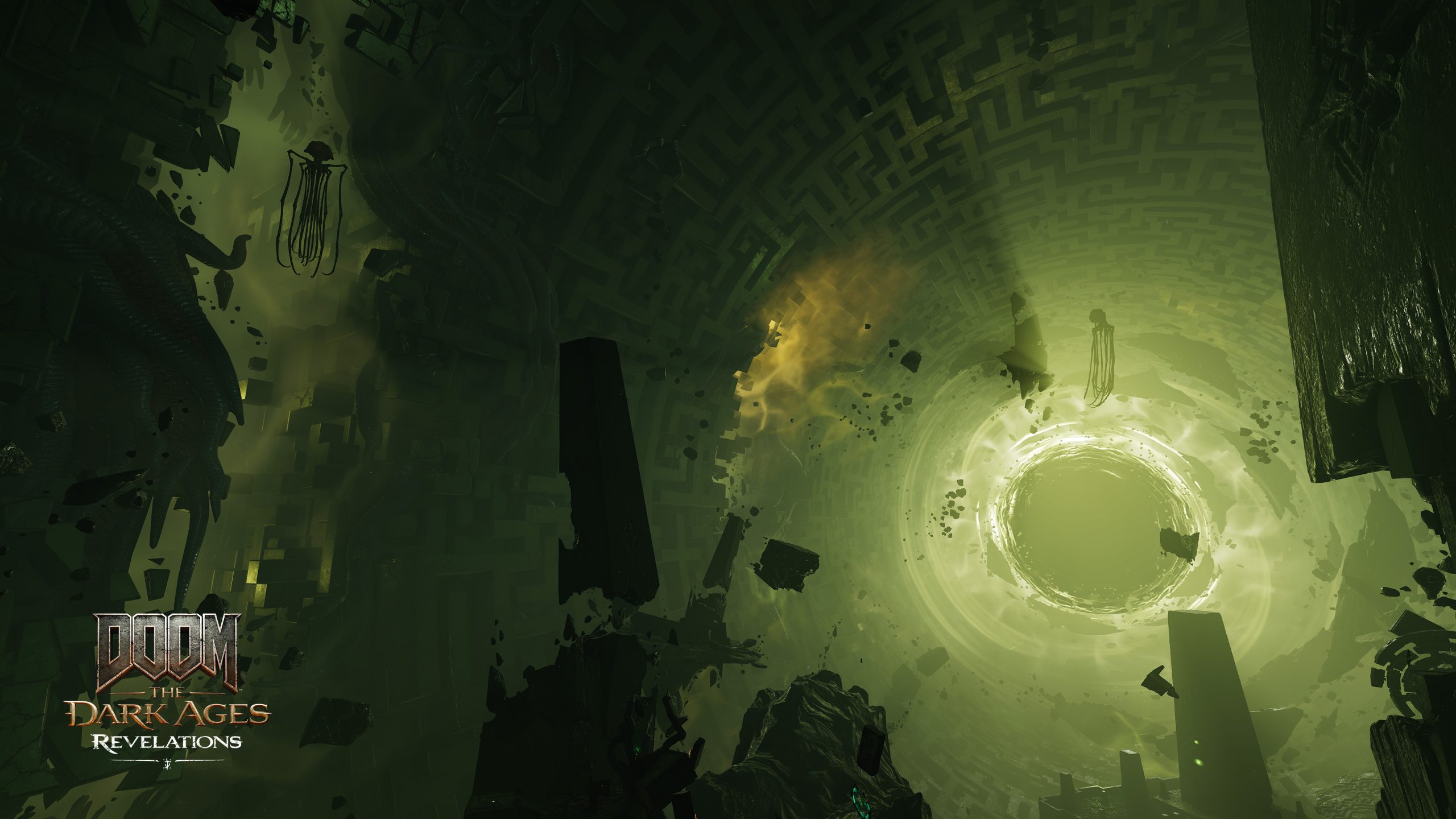 Une capture d'écran du jeu DOOM: The Dark Ages Revelations montre un environnement sombre et labyrinthique avec des débris épars et un portail lumineux au centre.